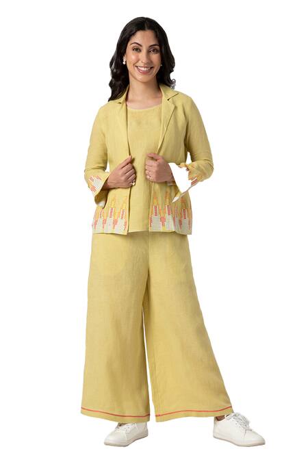 Buy Kaveri Green 100% Linen Embellished Stud Mona Ny Pattern Blazer Pant Set Online at Aza Fashions Buy_Kaveri_Green 100% Linen Embellished Stud Mona Ny Pattern Blazer Pant Set _Online_at_Aza_Fashions