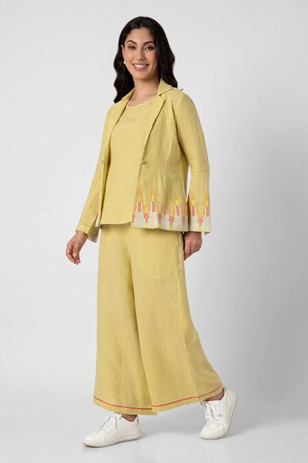 Shop Kaveri Green 100% Linen Embellished Stud Mona Ny Pattern Blazer Pant Set Online at Aza Fashions Shop_Kaveri_Green 100% Linen Embellished Stud Mona Ny Pattern Blazer Pant Set _Online_at_Aza_Fashions