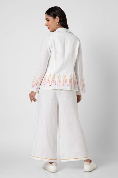 Shop Kaveri White 100% Linen Embellished Stud Mona Border Blazer Pant Set at Aza Fashions Shop_Kaveri_White 100% Linen Embellished Stud Mona Border Blazer Pant Set _at_Aza_Fashions