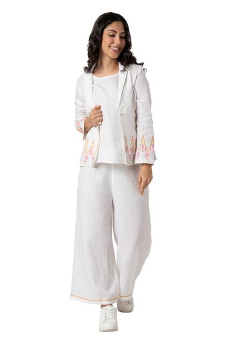 Buy Kaveri White 100% Linen Embellished Stud Mona Border Blazer Pant Set Online at Aza Fashions Buy_Kaveri_White 100% Linen Embellished Stud Mona Border Blazer Pant Set _Online_at_Aza_Fashions