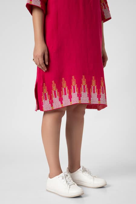 Kaveri Pink Linen Studs Round Neck Mona Embellished Dress Online at Aza Fashions Kaveri_Pink Linen Studs Round Neck Mona Embellished Dress _Online_at_Aza_Fashions