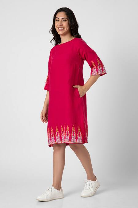 Buy Kaveri Pink Linen Studs Round Neck Mona Embellished Dress Online at Aza Fashions Buy_Kaveri_Pink Linen Studs Round Neck Mona Embellished Dress _Online_at_Aza_Fashions