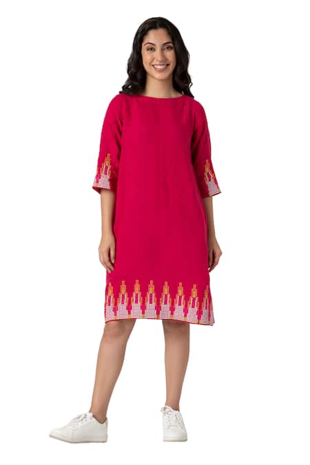 Shop Kaveri Pink Linen Studs Round Neck Mona Embellished Dress Online at Aza Fashions Shop_Kaveri_Pink Linen Studs Round Neck Mona Embellished Dress _Online_at_Aza_Fashions