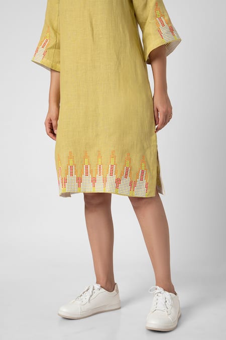 Kaveri_Green Linen Studs Round Neck Mona Ny Pattern Dress _Online_at_Aza_Fashions