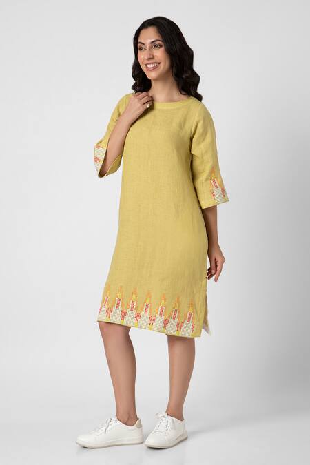 Buy_Kaveri_Green Linen Studs Round Neck Mona Ny Pattern Dress _Online_at_Aza_Fashions