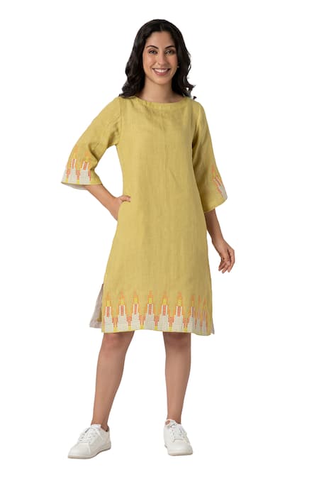 Shop_Kaveri_Green Linen Studs Round Neck Mona Ny Pattern Dress _Online_at_Aza_Fashions