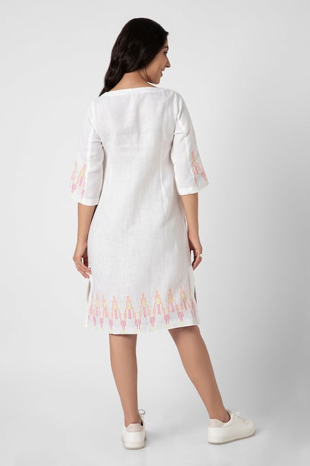 Shop Kaveri White Linen Studs Round Neck Mona Ny Embellished Dress at Aza Fashions Shop_Kaveri_White Linen Studs Round Neck Mona Ny Embellished Dress _at_Aza_Fashions