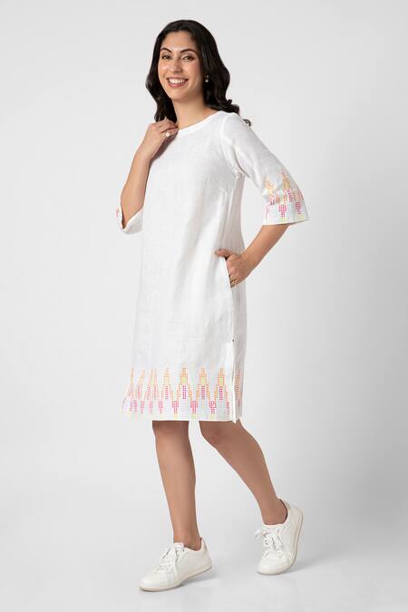 Buy Kaveri White Linen Studs Round Neck Mona Ny Embellished Dress Online at Aza Fashions Buy_Kaveri_White Linen Studs Round Neck Mona Ny Embellished Dress _Online_at_Aza_Fashions