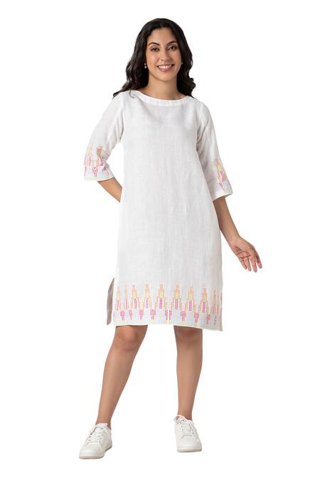 Shop Kaveri White Linen Studs Round Neck Mona Ny Embellished Dress Online at Aza Fashions Shop_Kaveri_White Linen Studs Round Neck Mona Ny Embellished Dress _Online_at_Aza_Fashions