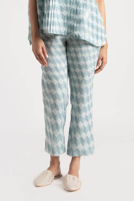 Buy_Kaveri_Blue 100% Linen Hand Screen Printed Lady Q Square Top And Pant Set _Online_at_Aza_Fashions