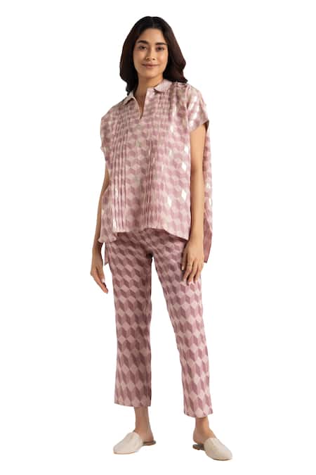 Shop Kaveri Pink 100% Linen Hand Screen Lady Q Square Pattern Top And Pant Set Online at Aza Fashions Shop_Kaveri_Pink 100% Linen Hand Screen Lady Q Square Pattern Top And Pant Set _Online_at_Aza_Fashions