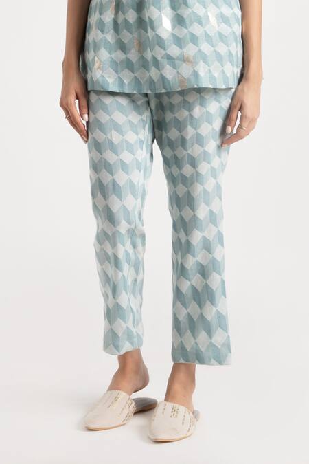 Buy Kaveri Blue 100% Linen Hand Screen Printed Lady Q Christina Top And Pant Set Online at Aza Fashions Buy_Kaveri_Blue 100% Linen Hand Screen Printed Lady Q Christina Top And Pant Set _Online_at_Aza_Fashions