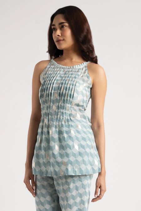 Buy Kaveri Blue 100% Linen Hand Screen Printed Lady Q Christina Top And Pant Set Buy_Kaveri_Blue 100% Linen Hand Screen Printed Lady Q Christina Top And Pant Set