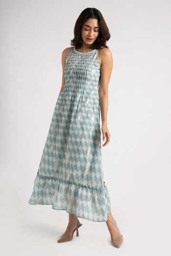 Kaveri_Blue Linen Round Neck Lady Q Christina Cubes Print Dress_Online_at_Aza_Fashions