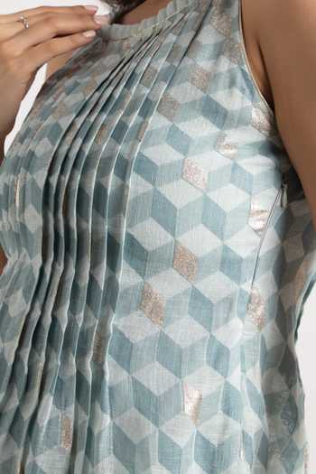 Buy_Kaveri_Blue Linen Round Neck Lady Q Christina Cubes Print Dress_Online_at_Aza_Fashions