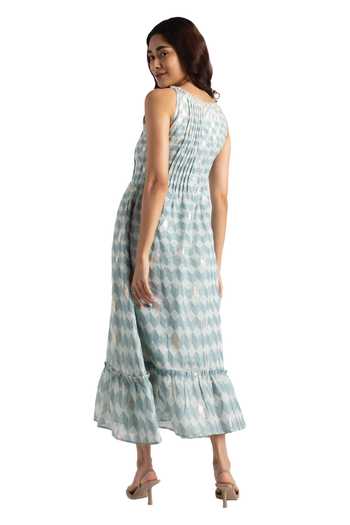 Shop_Kaveri_Blue Linen Round Neck Lady Q Christina Cubes Print Dress_Online_at_Aza_Fashions