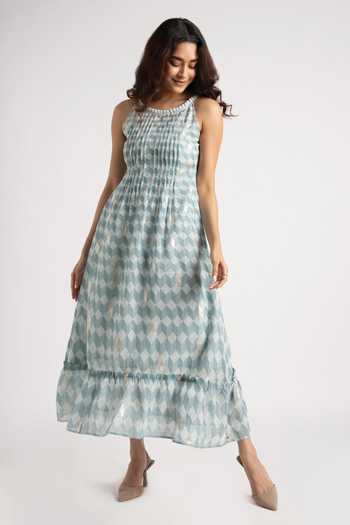 Kaveri_Blue Linen Round Neck Lady Q Christina Cubes Print Dress_at_Aza_Fashions