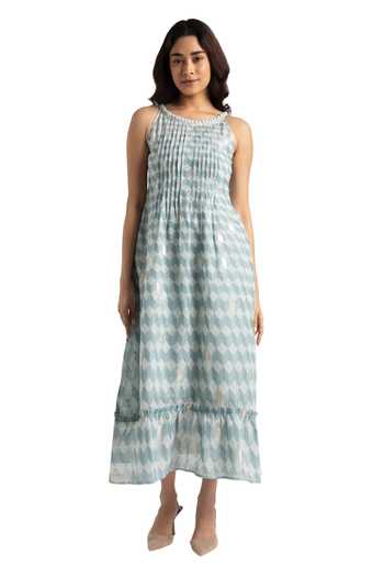 Buy_Kaveri_Blue Linen Round Neck Lady Q Christina Cubes Print Dress