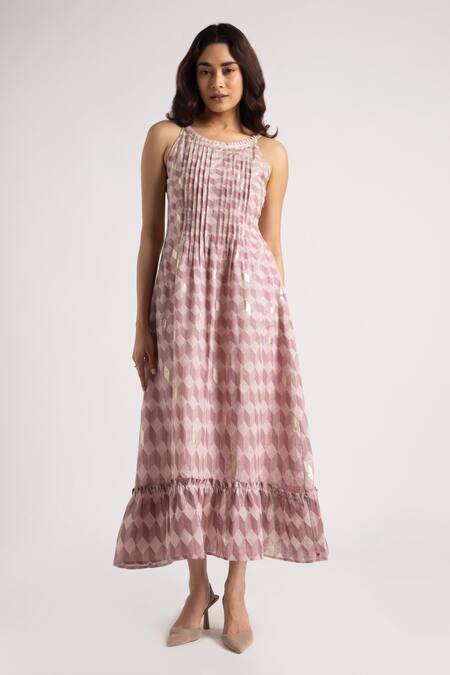 Kaveri Pink Linen Round Neck Lady Q Christina Cubes Pattern Dress Online at Aza Fashions Kaveri_Pink Linen Round Neck Lady Q Christina Cubes Pattern Dress_Online_at_Aza_Fashions