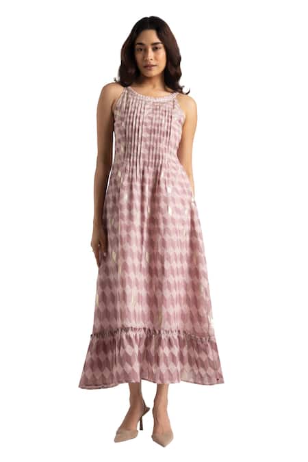 Buy Kaveri Pink Linen Round Neck Lady Q Christina Cubes Pattern Dress Online at Aza Fashions Buy_Kaveri_Pink Linen Round Neck Lady Q Christina Cubes Pattern Dress_Online_at_Aza_Fashions
