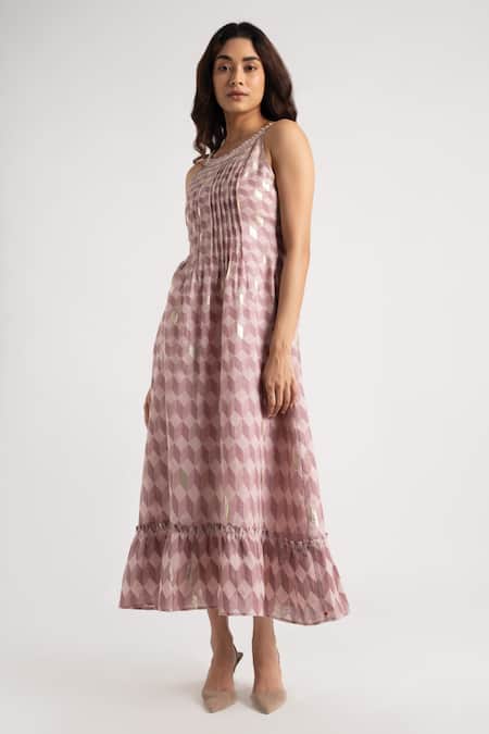 Shop Kaveri Pink Linen Round Neck Lady Q Christina Cubes Pattern Dress Online at Aza Fashions Shop_Kaveri_Pink Linen Round Neck Lady Q Christina Cubes Pattern Dress_Online_at_Aza_Fashions