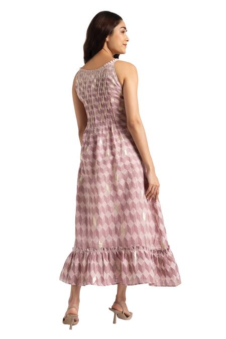 Kaveri Pink Linen Round Neck Lady Q Christina Cubes Pattern Dress at Aza Fashions Kaveri_Pink Linen Round Neck Lady Q Christina Cubes Pattern Dress_at_Aza_Fashions