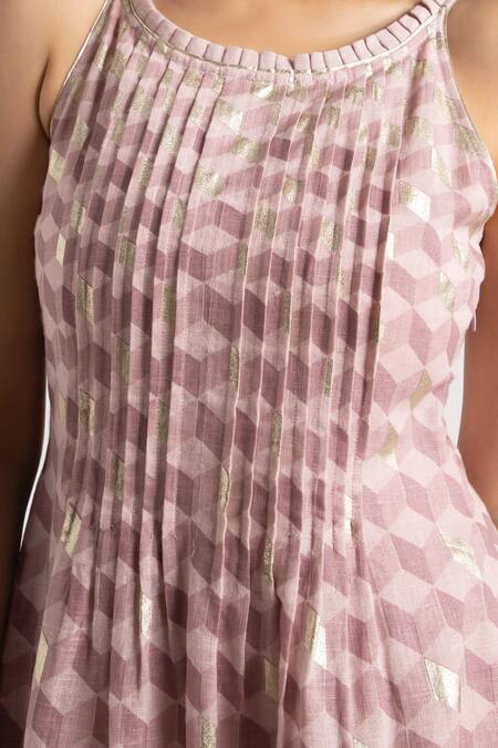 Buy Kaveri Pink Linen Round Neck Lady Q Christina Cubes Pattern Dress Buy_Kaveri_Pink Linen Round Neck Lady Q Christina Cubes Pattern Dress