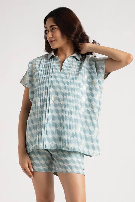 Shop_Kaveri_Blue 100% Linen Hand Screen Printed Lady Q Square Top And Shorts Set _Online_at_Aza_Fashions