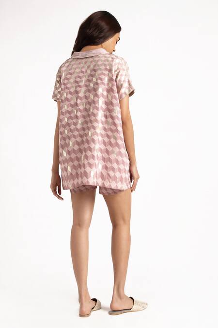 Kaveri_Pink 100% Linen Hand Screen Lady Q Square Pattern Top And Shorts Set _at_Aza_Fashions