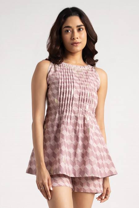 Kaveri_Blue 100% Linen Hand Screen Lady Q Christina Top And Shorts Set _Online_at_Aza_Fashions