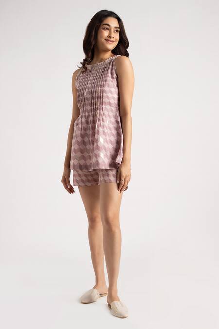 Shop_Kaveri_Blue 100% Linen Hand Screen Lady Q Christina Top And Shorts Set _Online_at_Aza_Fashions