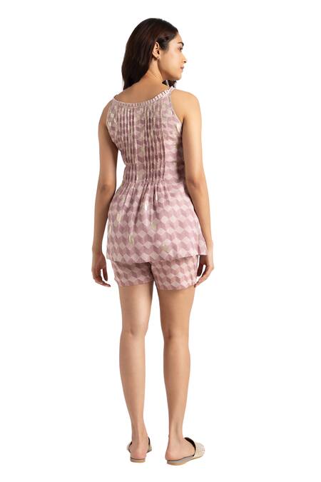 Kaveri_Blue 100% Linen Hand Screen Lady Q Christina Top And Shorts Set _at_Aza_Fashions