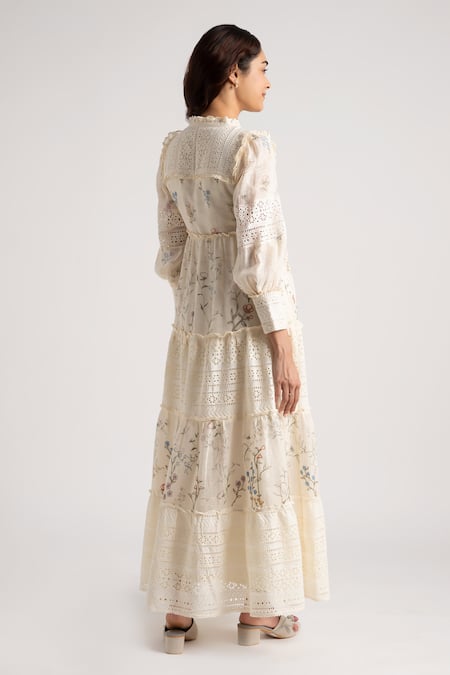 Shop Kaveri Off White Linen Embroidery Round Walk In The Clouds Amore Floral Print Dress at Aza Fashions Shop_Kaveri_Off White Linen Embroidery Round Walk In The Clouds Amore Floral Print Dress _at_Aza_Fashions