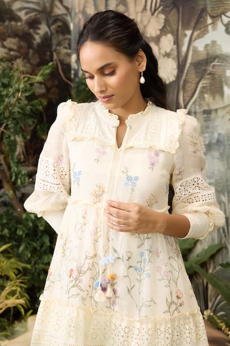 Kaveri Off White Linen Embroidery Round Walk In The Clouds Amore Floral Print Dress Online at Aza Fashions Kaveri_Off White Linen Embroidery Round Walk In The Clouds Amore Floral Print Dress _Online_at_Aza_Fashions