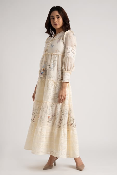Buy Kaveri Off White Linen Embroidery Round Walk In The Clouds Amore Floral Print Dress Online at Aza Fashions Buy_Kaveri_Off White Linen Embroidery Round Walk In The Clouds Amore Floral Print Dress _Online_at_Aza_Fashions
