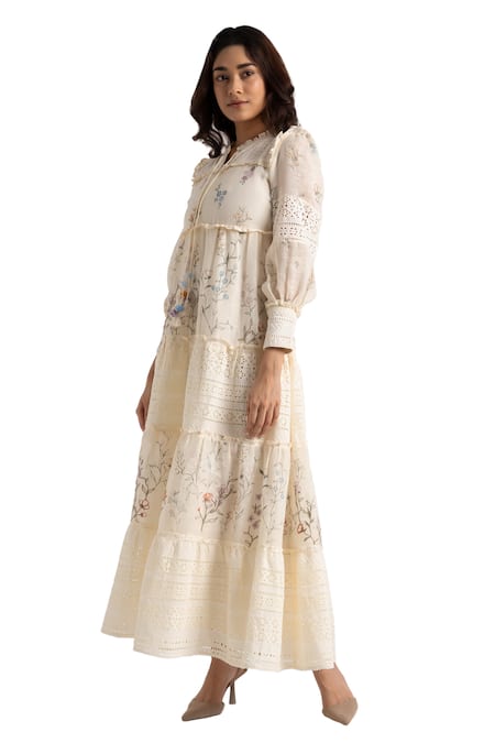 Shop Kaveri Off White Linen Embroidery Round Walk In The Clouds Amore Floral Print Dress Online at Aza Fashions Shop_Kaveri_Off White Linen Embroidery Round Walk In The Clouds Amore Floral Print Dress _Online_at_Aza_Fashions
