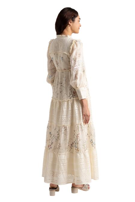 Kaveri Off White Linen Embroidery Round Walk In The Clouds Amore Floral Print Dress at Aza Fashions Kaveri_Off White Linen Embroidery Round Walk In The Clouds Amore Floral Print Dress _at_Aza_Fashions