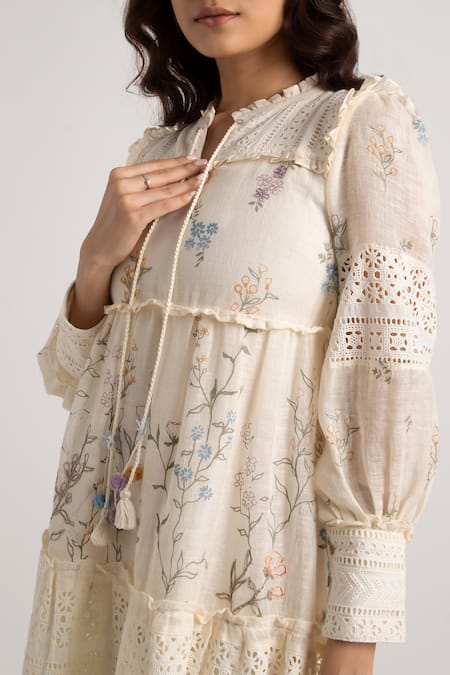 Buy Kaveri Off White Linen Embroidery Round Walk In The Clouds Amore Floral Print Dress Buy_Kaveri_Off White Linen Embroidery Round Walk In The Clouds Amore Floral Print Dress