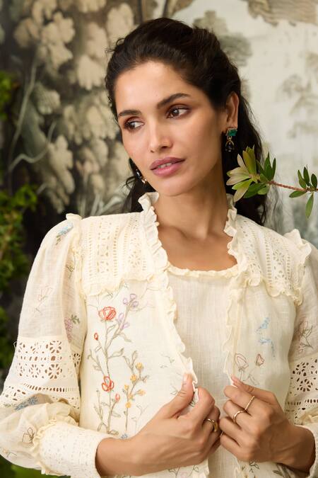 Kaveri_Off White Linen Embroidery Walk In The Clouds Floral Print Jacket With Dress _Online_at_Aza_Fashions