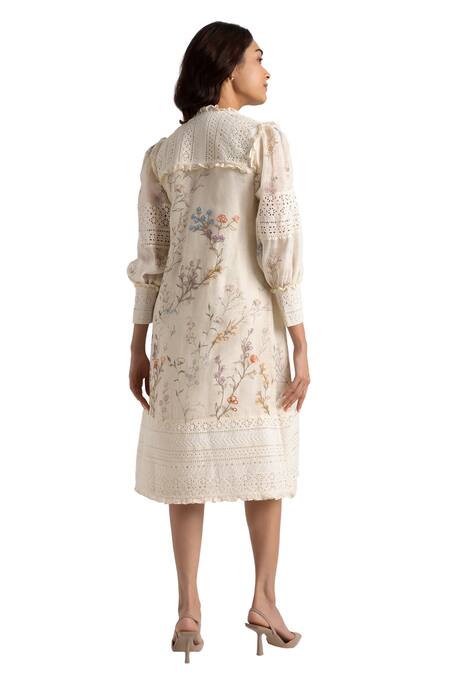 Buy_Kaveri_Off White Linen Embroidery Walk In The Clouds Floral Print Jacket With Dress _Online_at_Aza_Fashions