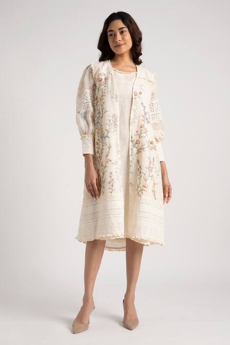 Shop_Kaveri_Off White Linen Embroidery Walk In The Clouds Floral Print Jacket With Dress _Online_at_Aza_Fashions
