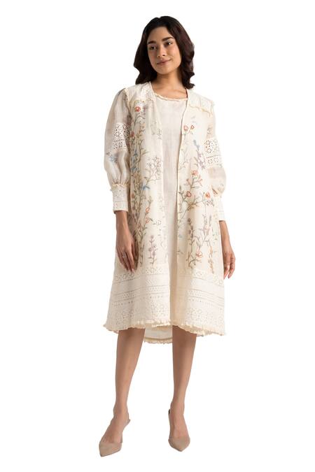 Kaveri_Off White Linen Embroidery Walk In The Clouds Floral Print Jacket With Dress _at_Aza_Fashions