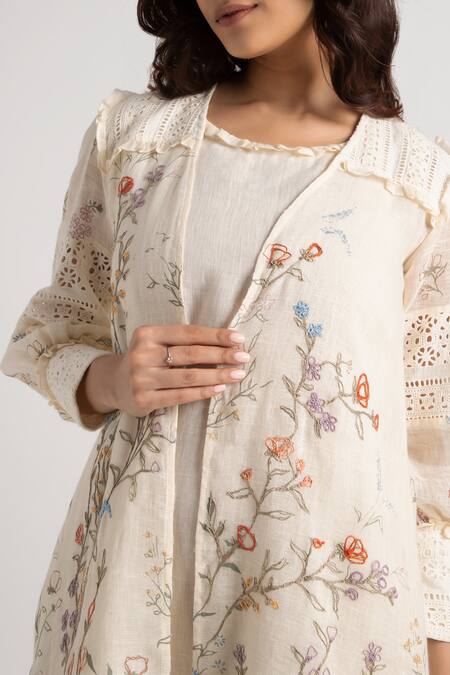 Buy_Kaveri_Off White Linen Embroidery Walk In The Clouds Floral Print Jacket With Dress 