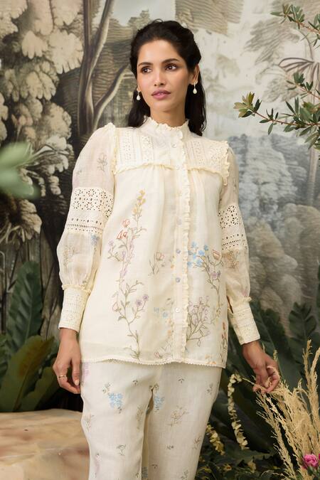 Kaveri_Off White 100% Linen Hand Screen Walk In The Clouds Top And Pant Set _at_Aza_Fashions