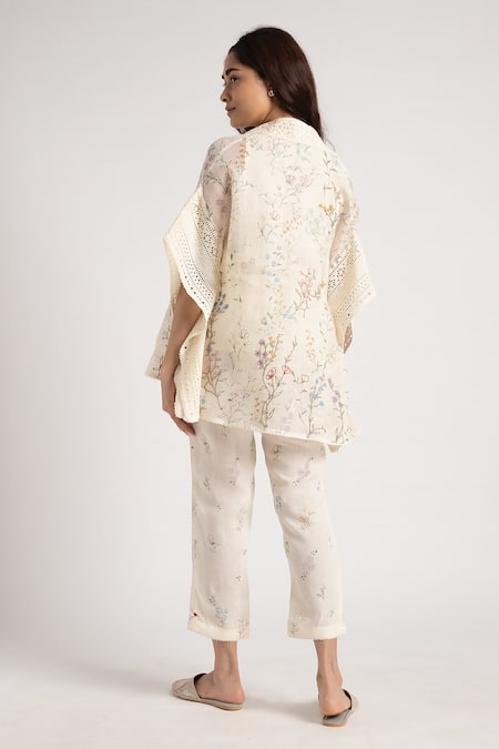 Shop Kaveri Off White Linen Embroidery Walk In The Clouds Floral Print Kaftan And Pant Set at Aza Fashions Shop_Kaveri_Off White Linen Embroidery Walk In The Clouds Floral Print Kaftan And Pant Set _at_Aza_Fashions
