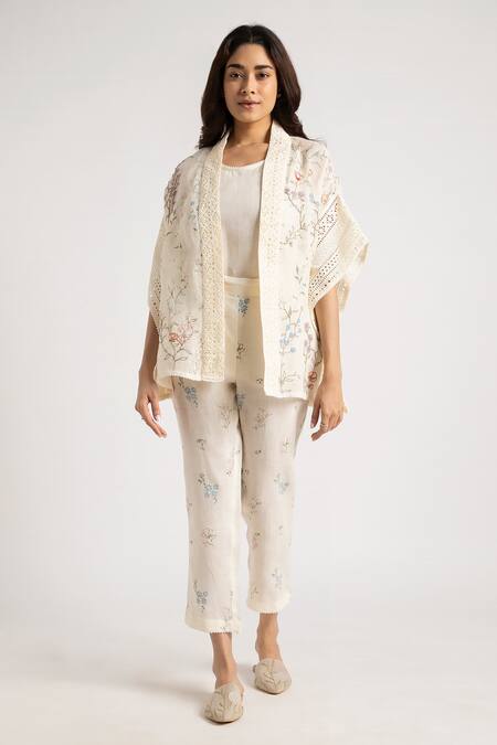 Buy Kaveri Off White Linen Embroidery Walk In The Clouds Floral Print Kaftan And Pant Set Online at Aza Fashions Buy_Kaveri_Off White Linen Embroidery Walk In The Clouds Floral Print Kaftan And Pant Set _Online_at_Aza_Fashions