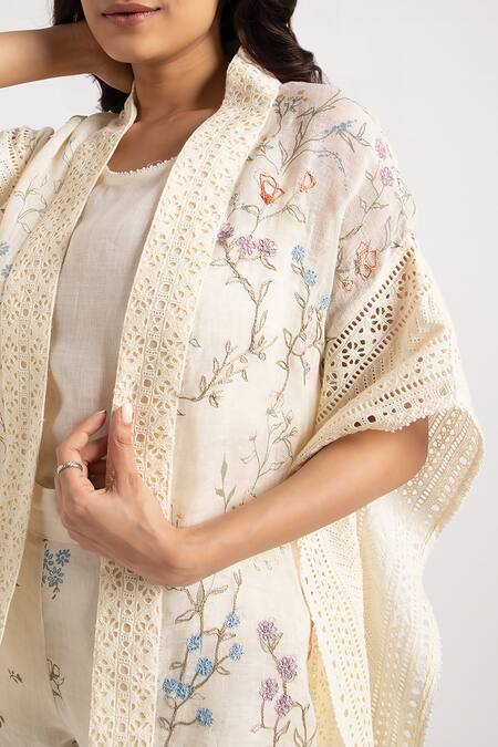 Shop Kaveri Off White Linen Embroidery Walk In The Clouds Floral Print Kaftan And Pant Set Online at Aza Fashions Shop_Kaveri_Off White Linen Embroidery Walk In The Clouds Floral Print Kaftan And Pant Set _Online_at_Aza_Fashions