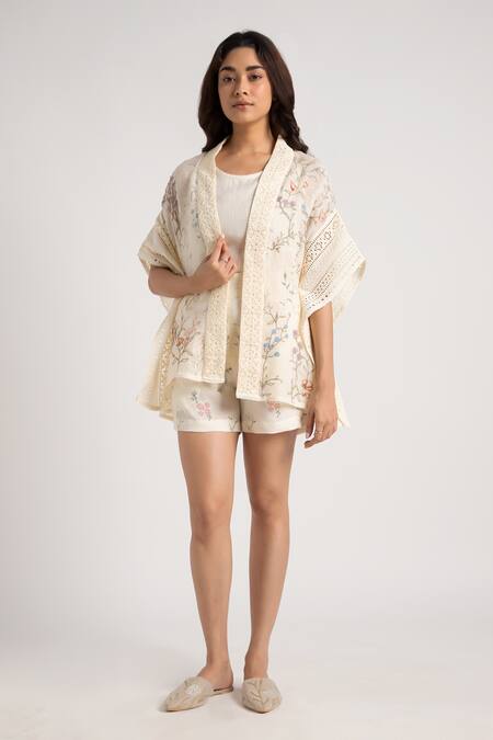 Kaveri_Off White Open Neck Floral Print Kaftan And Shorts Set _Online_at_Aza_Fashions