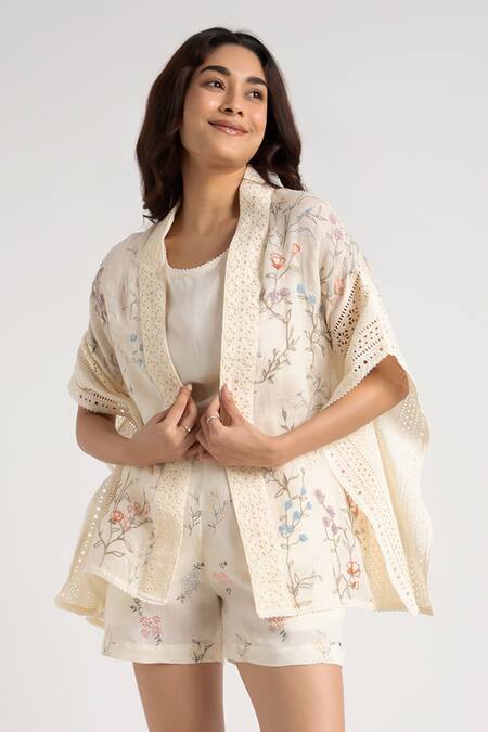 Buy_Kaveri_Off White Open Neck Floral Print Kaftan And Shorts Set _Online_at_Aza_Fashions