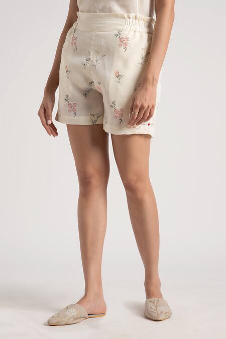 Shop_Kaveri_Off White Open Neck Floral Print Kaftan And Shorts Set _Online_at_Aza_Fashions